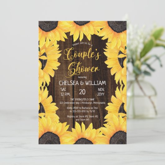 木素朴材 |ひまわりカップルのシャワー 招待状 (スタンド正面)