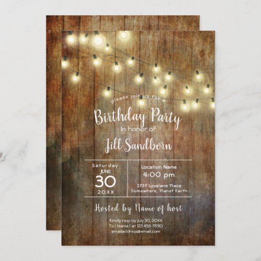 木素朴材&ストリングライツバースデーパーティー 招待状 (正面/裏面)