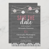 木素朴材&ストリングライト/ランタン日付を保存 招待状 (正面/裏面)