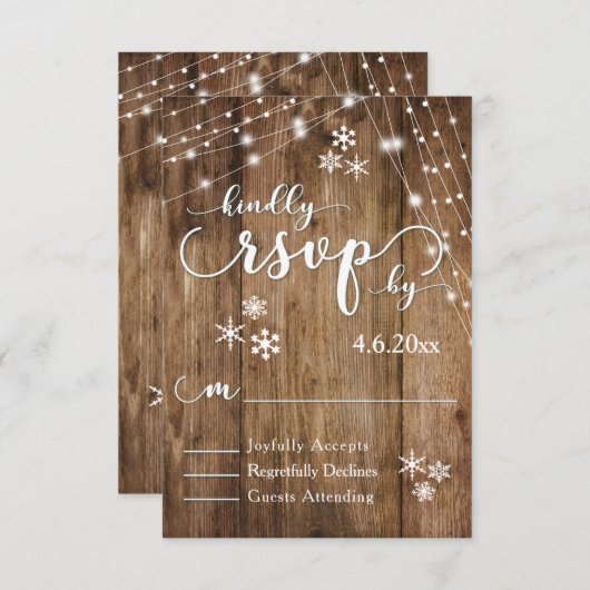 木素朴材、ホワイトライト、雪片RSVP 出欠カード (正面/裏面)