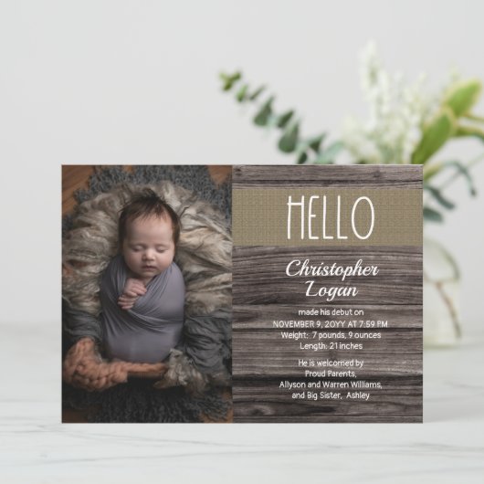 木素朴材 | Burlap男の赤ちゃんフォト誕生A 案内状 (スタンド正面)