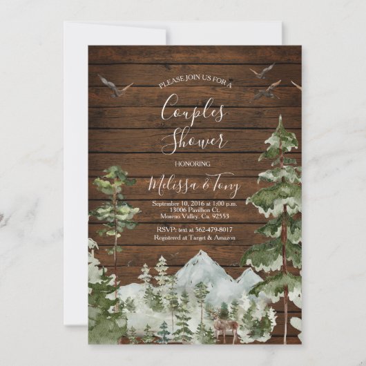 木素朴松の木の山のカップルのシャワー 招待状 (正面)