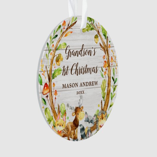 木素朴林動物孫の初めてのクリスマス オーナメント (正面)