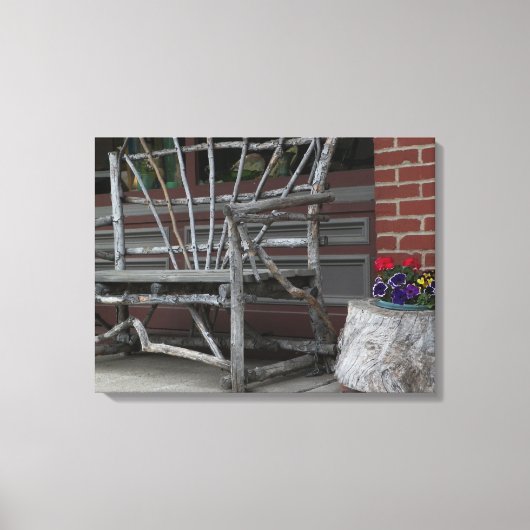 木素朴枝枝ベンチと花 キャンバスプリント (正面)
