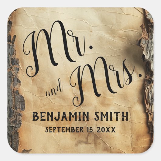 木素朴樹皮ヴィンテージ羊皮紙結婚式の引き出物 スクエアシール (正面)