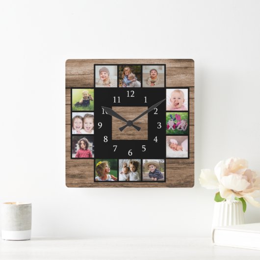 木素朴独自の12フォトコラージュを作成 スクエア壁時計 (ホーム)