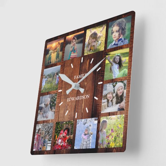 木素朴科フォトコラージモノグラム名 スクエア壁時計 (傾斜)