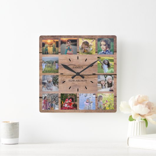 木素朴科フォトコラージモノグラム名 スクエア壁時計 (ホーム)