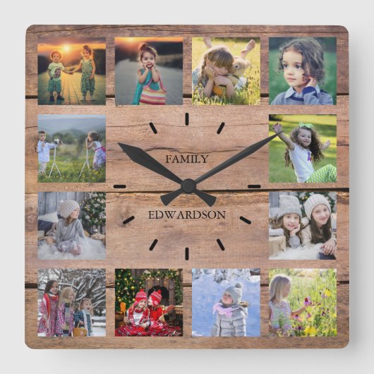 木素朴科フォトコラージモノグラム名 スクエア壁時計 (正面)