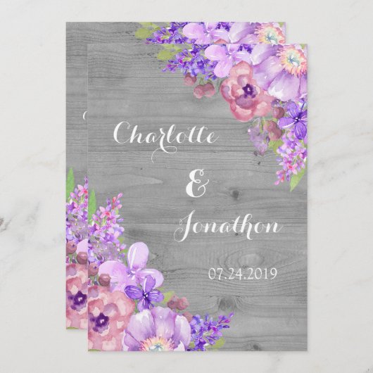 木素朴紫の花結婚式招待状 招待状 (正面/裏面)