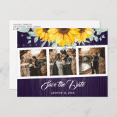 木素朴紫ひまわり結婚の写真コラージュ 案内ポストカード (正面/裏面)