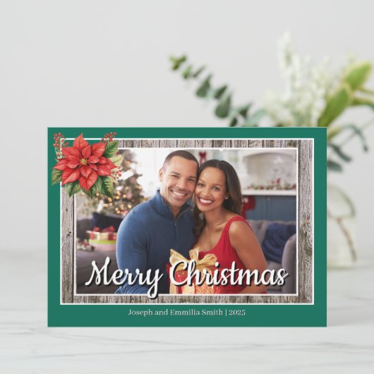 木素朴緑の家族の写真メリークリスマス シーズンカード (スタンド正面)