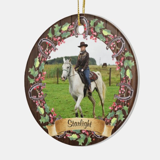 木素朴製カスタム馬フォトクリスマス セラミックオーナメント (左)