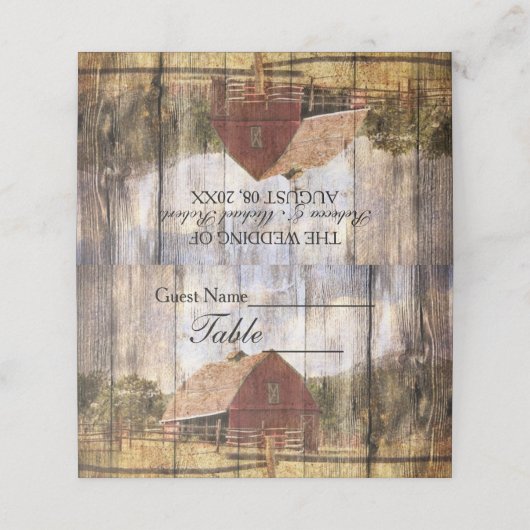 木素朴西の赤い納屋の田舎の結婚式 プレイスカード (外部開封)