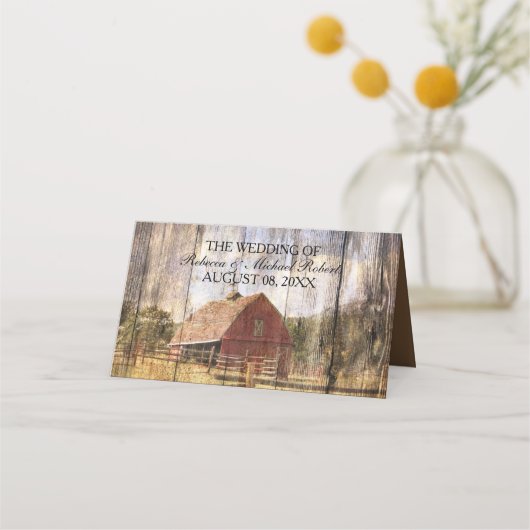 木素朴西の赤い納屋の田舎の結婚式 プレイスカード (裏面)