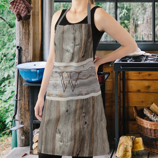 木素朴調灰色モノグラムストライプ水平 エプロン