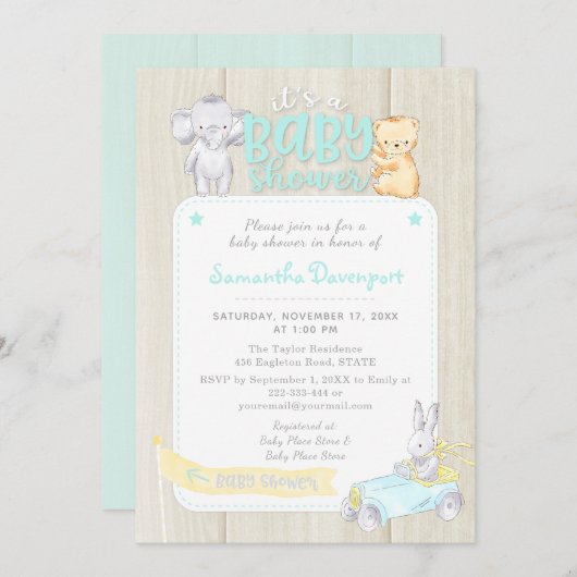 木素朴赤ちゃん動物シャワー招待状 | ミント 招待状 (正面/裏面)