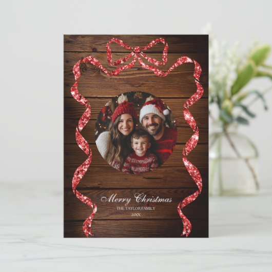 木素朴赤リボン写真メリークリスマス 招待状 (スタンド正面)