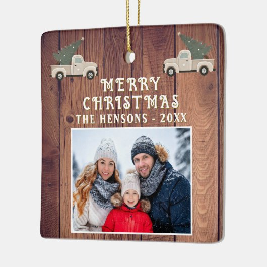 木素朴車の家族の写真メリークリスマス セラミックオーナメント (左)