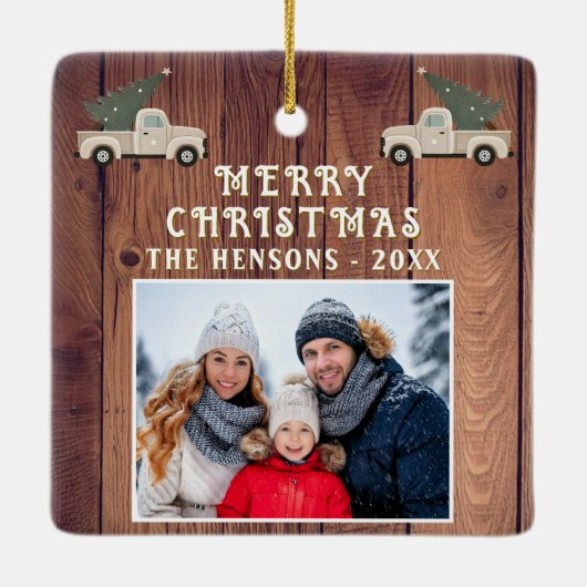 木素朴車の家族の写真メリークリスマス セラミックオーナメント (裏面)