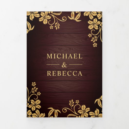 木素朴金フォイルフローラ葉ズ結婚ズ 三つ折り招待状 (カバー)