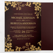 木素朴金フォイルフローラ葉ズ結婚ズ 三つ折り招待状 (内部最初)