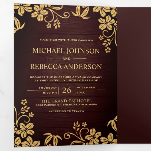 木素朴金フォイルフローラ葉ズ結婚ズ 三つ折り招待状 (内部最初)