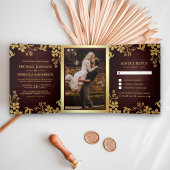 木素朴金フォイルフローラ葉ズ結婚ズ 三つ折り招待状