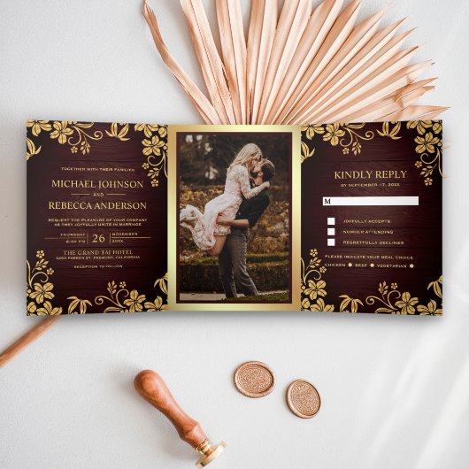 木素朴金フォイルフローラ葉ズ結婚ズ 三つ折り招待状