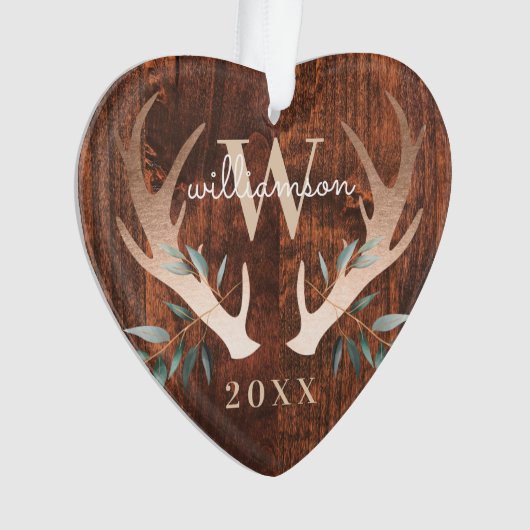 木素朴鹿の角と緑のモノグラム写真 オーナメント (正面)