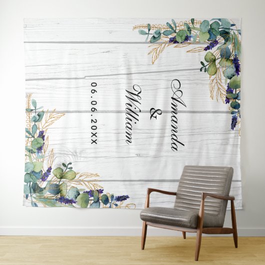 木結婚の田舎風の名前を使ったユーカリ タペストリー (インサイチュ(横))