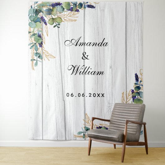 木結婚の田舎風の名前を使ったユーカリ タペストリー (インサイチュ)