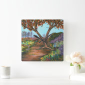 木絵を描花山水アクリル スクエア壁時計 (ホーム)