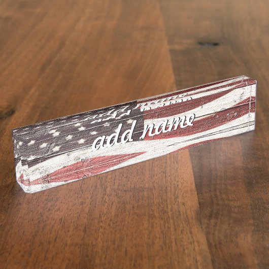 木絵を描質上のア素朴メリカ国旗 デスクネームプレート (側面)