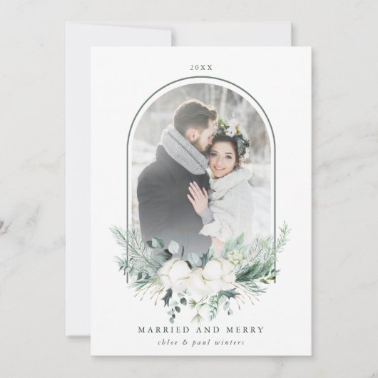 木綿花アーチ型フレーム結婚した写真&メリー シーズンカード (正面)
