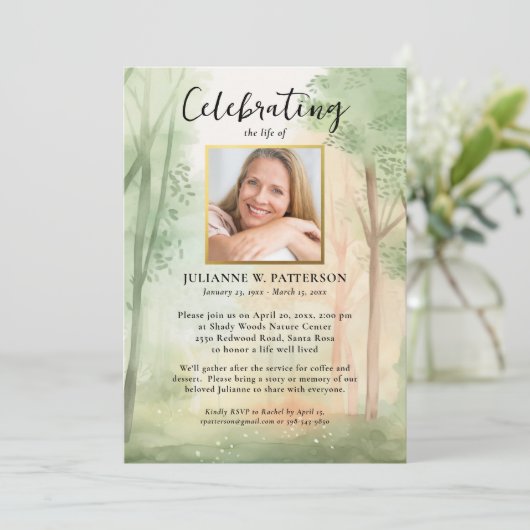 木色彩の鮮やか林お祝いの生活写真 招待状 (スタンド正面)