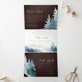 木茶色の青い山の松の水色結婚の 三つ折り招待状