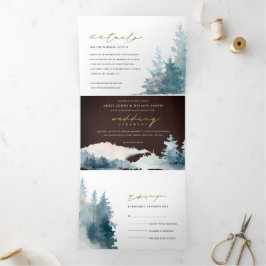 木茶色の青い山の松の水色結婚の 三つ折り招待状