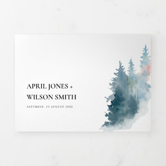 木茶色の青い山の松の水色結婚の 三つ折り招待状 (カバー)