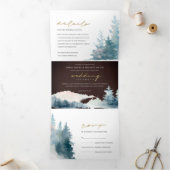 木茶色の青い山の松の水色結婚の 三つ折り招待状 (内部)
