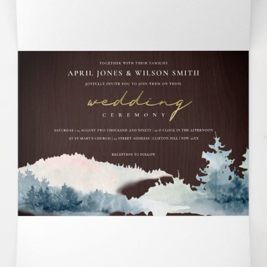 木茶色の青い山の松の水色結婚の 三つ折り招待状 (内部中)