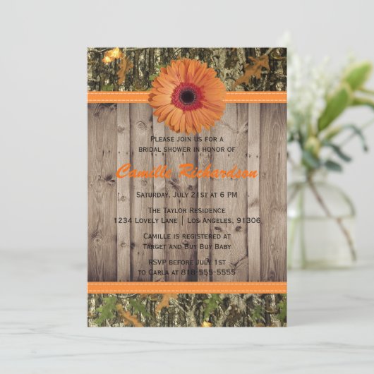 木製とオレンジのデイジーブライダルシャワーの招待 招待状 (スタンド正面)