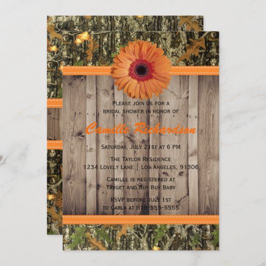 木製とオレンジのデイジーブライダルシャワーの招待 招待状 (正面/裏面)