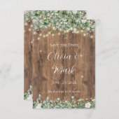 木製とストリングライトのSave the Date | バーン エンクロージャーカード (正面/裏面)