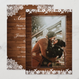木製と白レースの写真 ウェディングアニバーサリー 招待状