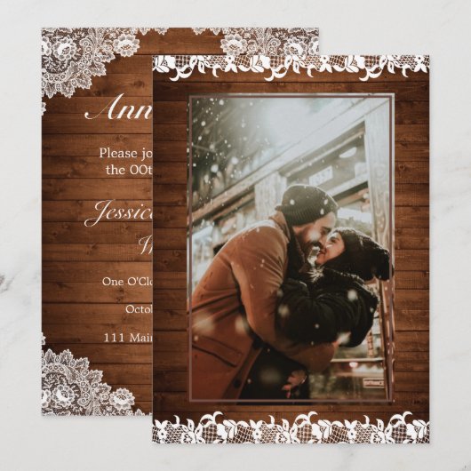 木製と白レースの写真 ウェディングアニバーサリー 招待状 (正面/裏面)
