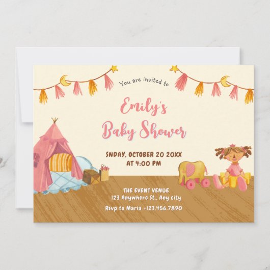 木製のおもちゃの赤ちゃんシャワー 招待状 (正面)