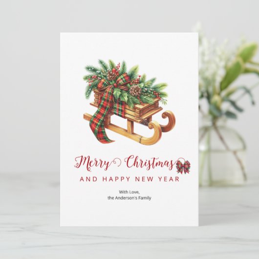 木製のそりモミの枝グリーンと赤の格子縞 シーズンカード (スタンド正面)