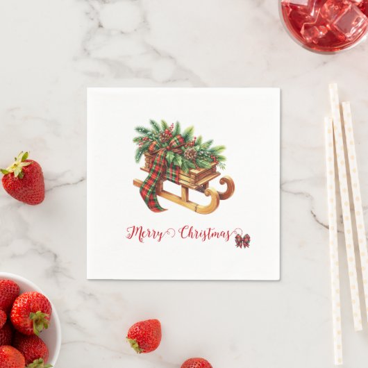 木製のそりモミの枝グリーンと赤の格子縞 スタンダードカクテルナプキン (インサイチュ)