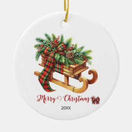 木製のそりモミの枝グリーンと赤の格子縞 セラミックオーナメント